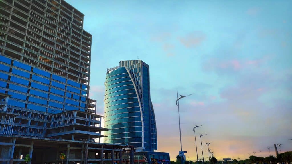 commercial buildings at dusk