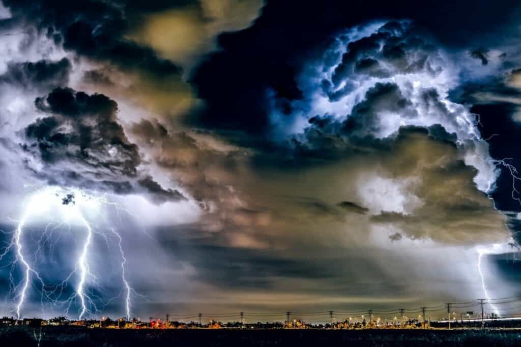 storm clouds and lightning over a Midwest landscape